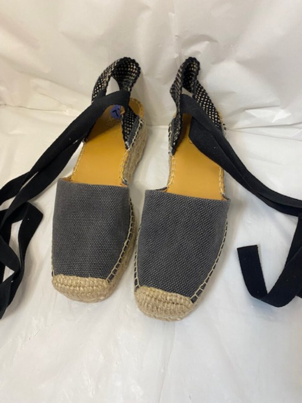 Franco Sarto Canvas Ankle Tie Espadrille Wedge Sandals in Gray/Black Size 7.5
